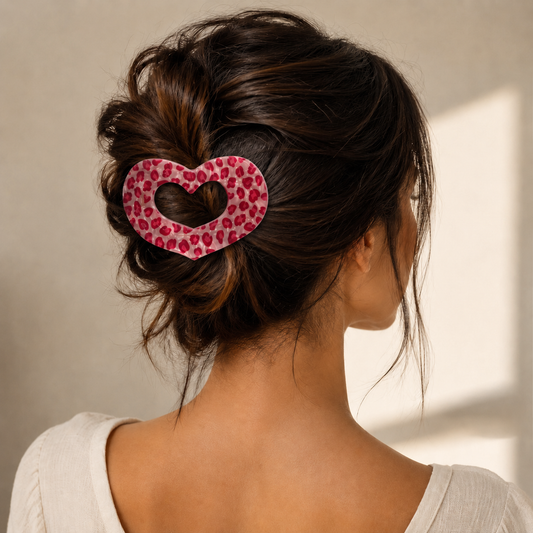 Large Pink Leopard Heart Acetate Flat Hair Clip