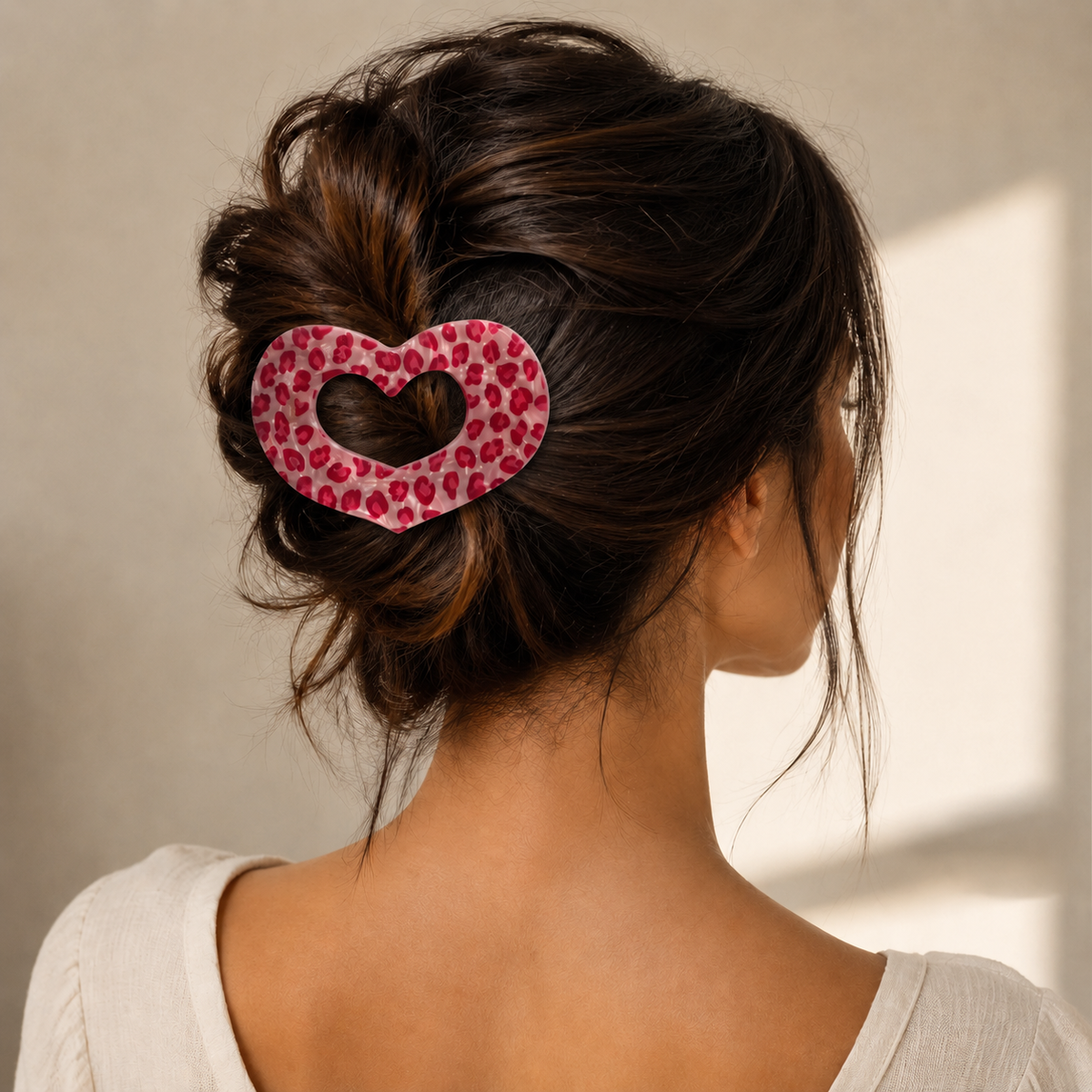 Large Pink Leopard Heart Acetate Flat Hair Clip