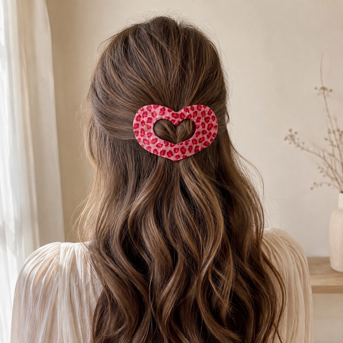 Large Pink Leopard Heart Acetate Flat Hair Clip