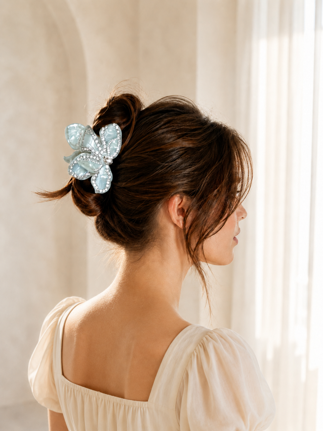 Crystal Bougainvillea Acetate Hair Claw Ivory/Blue