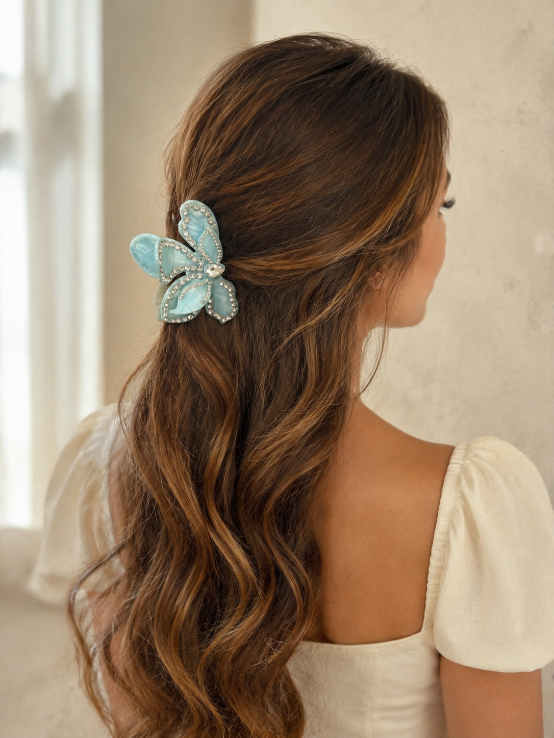 Crystal Bougainvillea Acetate Hair Claw Ivory/Blue