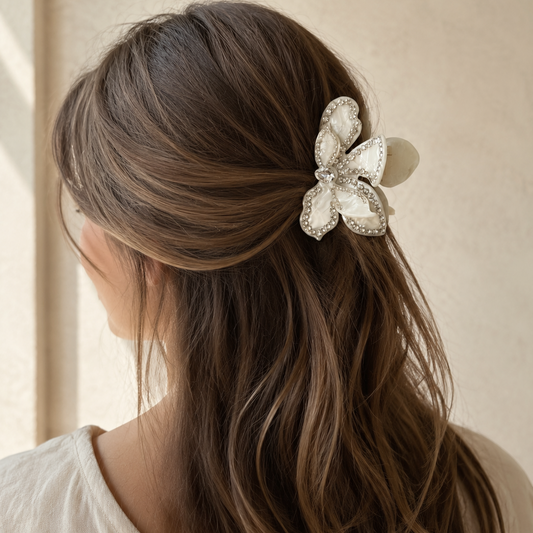 Crystal Bougainvillea Acetate Hair Claw Ivory/Blue