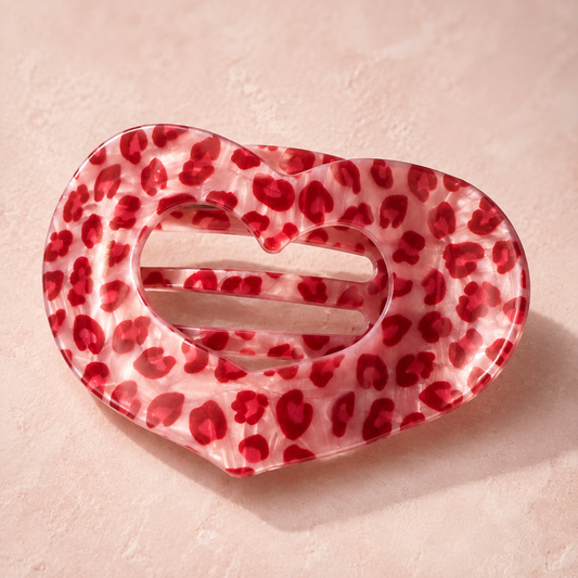 Large Pink Leopard Heart Acetate Flat Hair Clip
